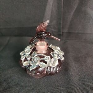 VTG Amethyst Glass Hummingbird And Pewter Roses Perfume Bottle